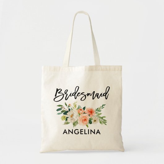 ブラシモダンスクリプトコーラルホワイトフローラ花嫁 トートバッグ (正面)