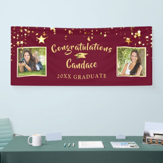 ブラシモダンスクリプトスターズMaroonと金ゴールド写真 横断幕 (トレードショー)