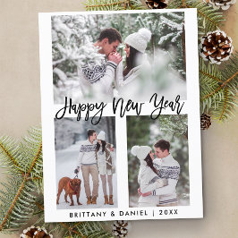 ブラシモダンスクリプトハッピーニューイヤー3フォトホリデー ポストカード