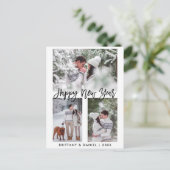 ブラシモダンスクリプトハッピーニューイヤー3フォトホリデー ポストカード (スタンド正面)
