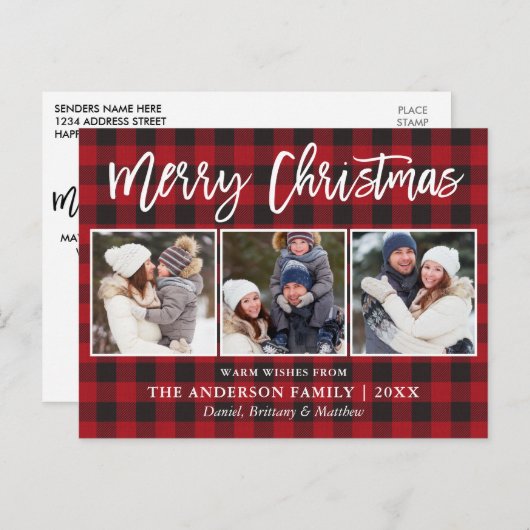 ブラシモダンスクリプトメリークリスマス3フォトプレイド ポストカード (正面/裏面)