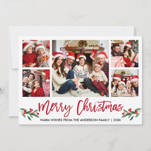 ブラシモダンスクリプトレッド5フォトファミリークリスマス シーズンカード (正面)