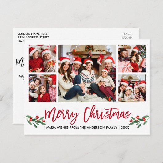ブラシモダンスクリプトレッド5フォトファミリークリスマス ポストカード (正面/裏面)