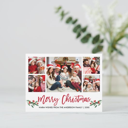 ブラシモダンスクリプトレッド5フォトファミリークリスマス ポストカード (スタンド正面)