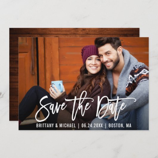 ブラシモダンスクリプト日付を保存するフォトウッドカード 招待状 (正面/裏面)