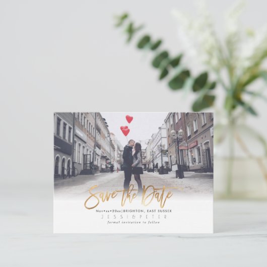 ブラシモダンスクリプト日付、金ゴールドを保存すフェイクる 案内ポストカード (スタンド正面)