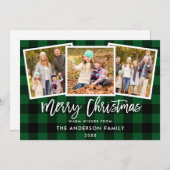 ブラシモダンスクリプト3フォトクリスマスグリーンプレイド シーズンカード (正面/裏面)