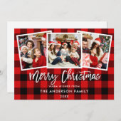 ブラシモダンスクリプト3フォトクリスマスレッドプレイド シーズンカード (正面/裏面)