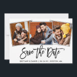 ブラシモダンスクリプト3フォトコラージュ セーブザデート<br><div class="desc">ブラシモダンスクリプトカップル3 Photo日付の保存婚約発表カード</div>