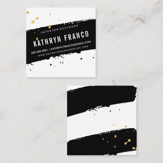 ブラシモダンストロークスタイリッシュブラック金ゴールド（ばちゃばちゃ）跳ねる スクエア名刺 (正面/裏面)