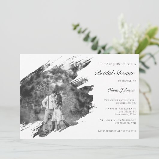 ブラシモダンストローフォトブライダルシャワー | ヘビーホワイト 招待状 (スタンド正面)