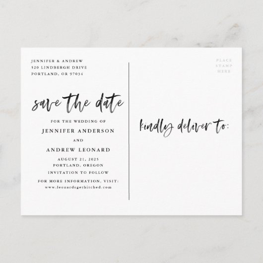 ブラシモダンド付きスクリプト写真の日付の保存 案内ポストカード (裏面)