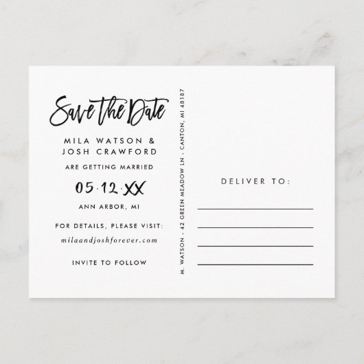 ブラシモダンド付きス結婚クリプトの写真日付の保存 案内ポストカード (裏面)