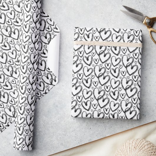 ブラシモダンハート白黒パターン ラッピングペーパー