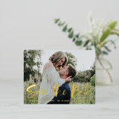 ブラシモダン手書き写真日付の保存 箔招待状ポストカード (立ち正面)