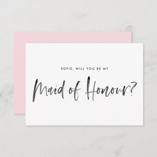 ブラシレタリングピンク私のメイド・オブ・オーナー(花嫁付き添い人) 招待状 (正面/裏面)