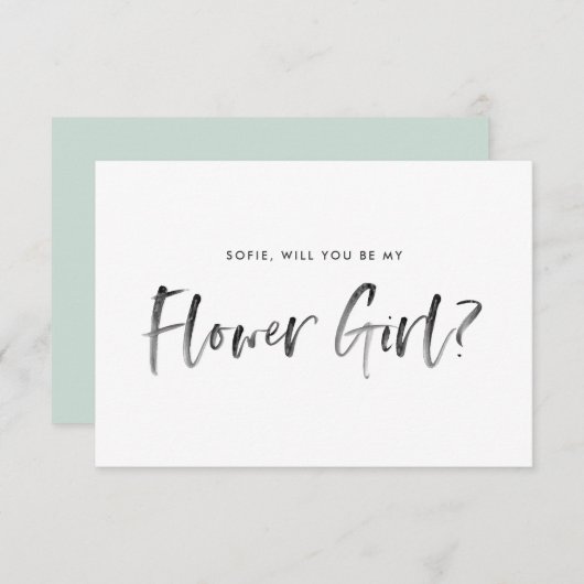 ブラシレタリングミント私の花の女の子になる 招待状 (正面/裏面)
