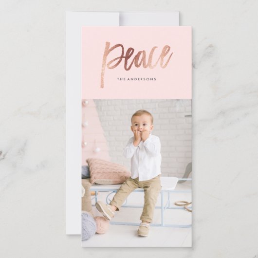 ブラシ仕上げのピース ローズゴールド ホリデー フォト カード (正面)