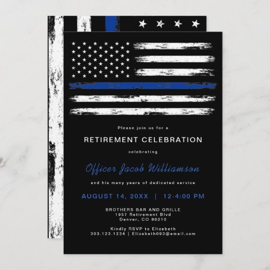 ブラシ仕上げの薄い青い線の警察署の退職 招待状 (正面/裏面)