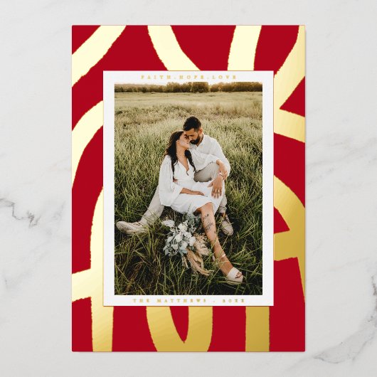 ブラシ仕上げインク抽象芸術フォトレッドおよび金ゴールド 箔シーズンカード (正面)