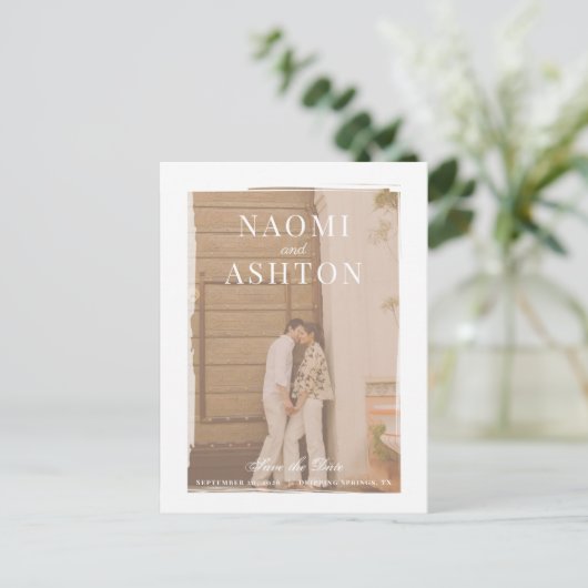 ブラシ仕上げオーバーレイ結婚式の日付を保存 ポストカード (スタンド正面)