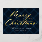 ブラシ仕上げネイビープレイドメリークリスマスノンフォト 箔シーズンカード (正面)