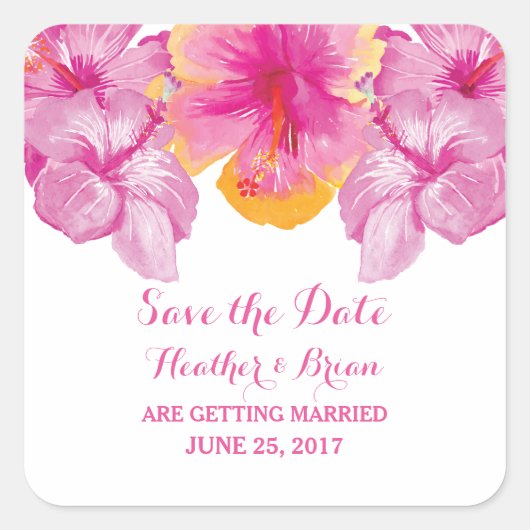 ブラシ仕上げハイビスカスフローラ日付ステッカーを保存 スクエアシール (正面)
