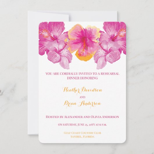 ブラシ仕上げハイビスカス結婚フローラのリハーサルディナー 招待状 (正面)