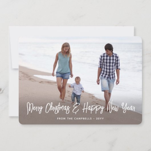 ブラシ仕上げホワイトスクリプトクリスマス&新年2写真 シーズンカード (正面)