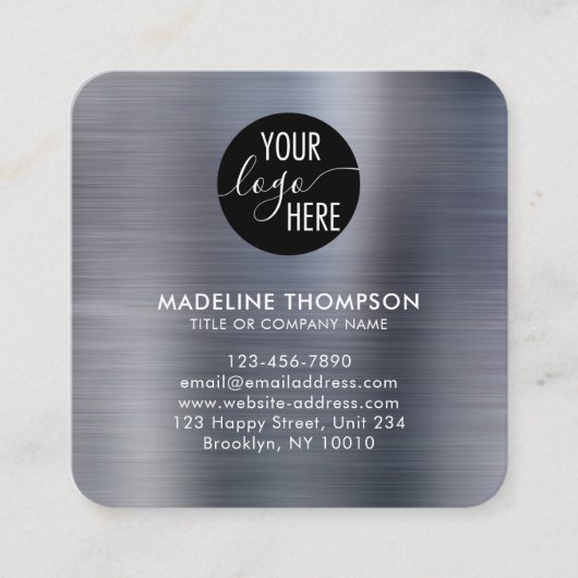 ブラシ仕上げメタリックシルバーグレー会社ロゴQRコード スクエア名刺 (正面)