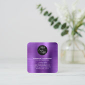 ブラシ仕上げメタリックパープル会社のロゴQRコード スクエア名刺 (スタンド正面)