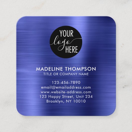 ブラシ仕上げメタリックブルー会社ロゴQRコード スクエア名刺 (正面)