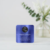 ブラシ仕上げメタリックブルー会社ロゴQRコード スクエア名刺 (スタンド正面)