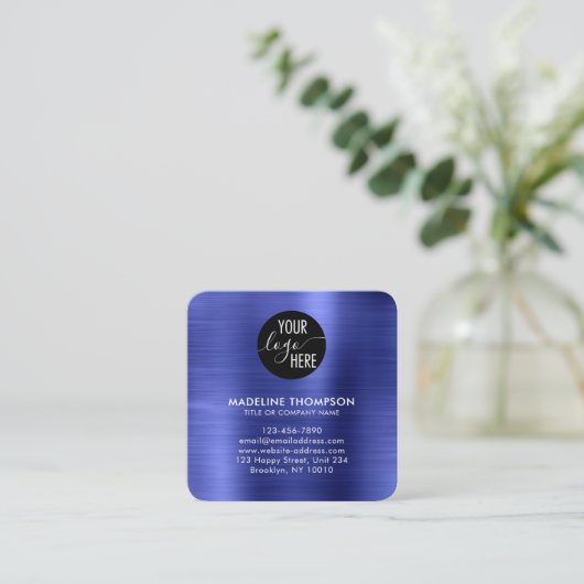 ブラシ仕上げメタリックブルー会社ロゴQRコード スクエア名刺 (スタンド正面)