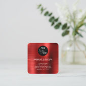 ブラシ仕上げメタリックレッド企業ロゴQRコード スクエア名刺 (スタンド正面)