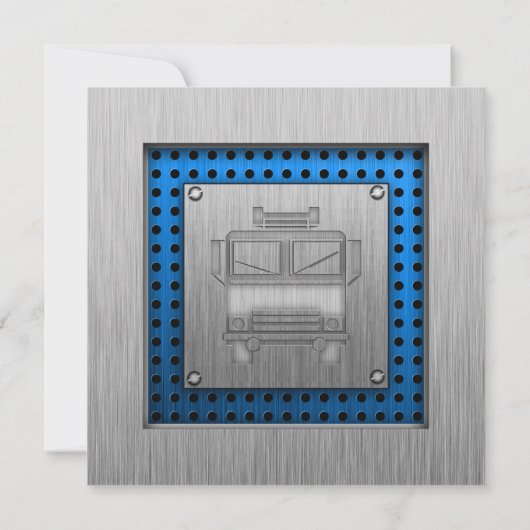 ブラシ仕上げメタル調の消防車 招待状 (裏面)