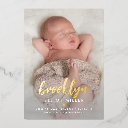 ブラシ仕上げ名箔モダンベビー誕生発表 箔シーズンカード (正面)