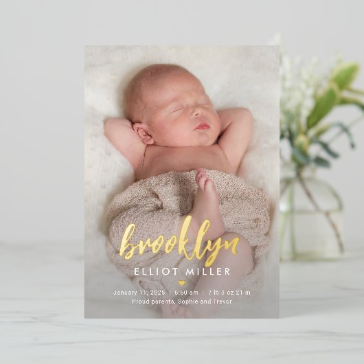 ブラシ仕上げ名箔モダンベビー誕生発表 箔シーズンカード (立ち正面)