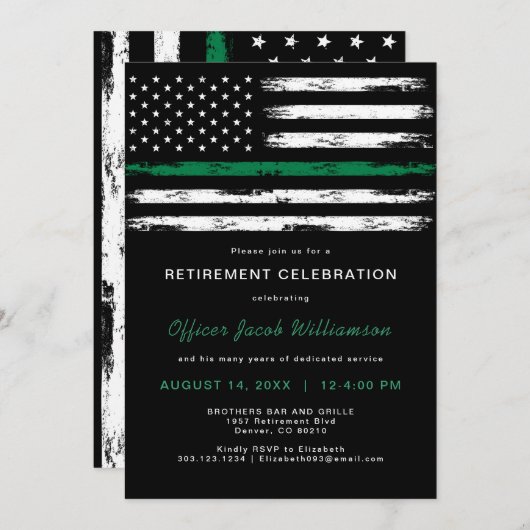 ブラシ仕上げ薄い緑の線のフラグ軍隊退職 招待状 (正面/裏面)