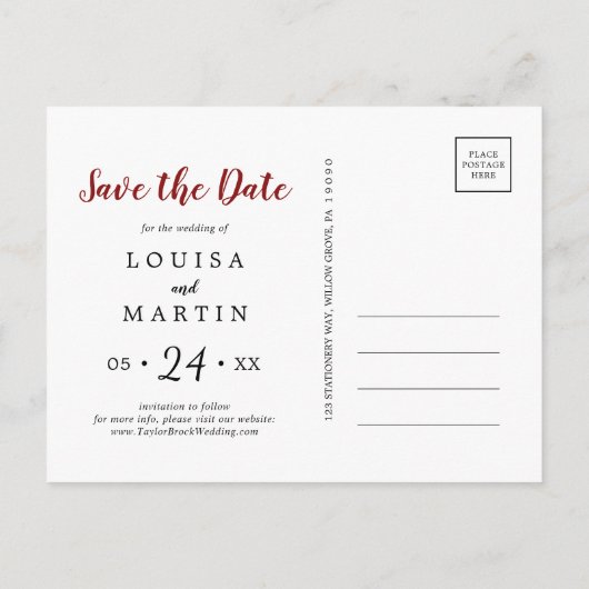 ブラシ仕上げ赤い結婚リトルクリスマス日付を保存 シーズンポストカード (裏面)