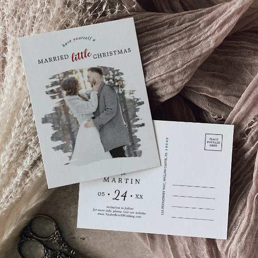 ブラシ仕上げ赤い結婚リトルクリスマス日付を保存 シーズンポストカード