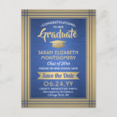 ブラシ仕上げ青と金ゴールド大学院の写真日付を保存 案内ポストカード (正面)