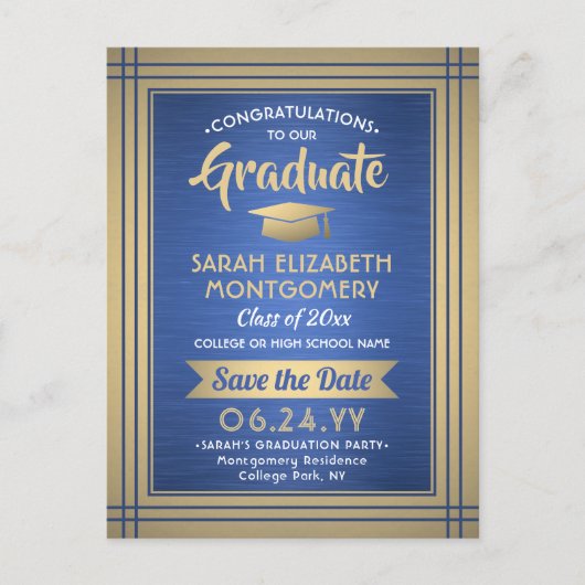 ブラシ仕上げ青と金ゴールド大学院の写真日付を保存 案内ポストカード (正面)