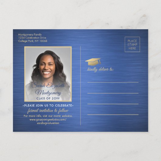 ブラシ仕上げ青と金ゴールド大学院の写真日付を保存 案内ポストカード (裏面)