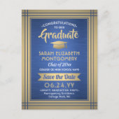 ブラシ仕上げ青と金ゴールド大学院の写真日付を保存 案内ポストカード (正面)