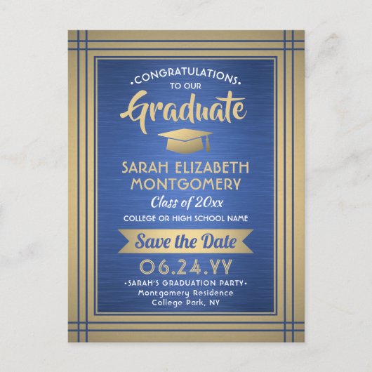 ブラシ仕上げ青と金ゴールド大学院の写真日付を保存 案内ポストカード (正面)