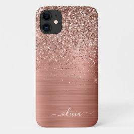 ブラシ仕上げ メタル ローズゴールド ピンク グリッター モノグラム iPhone 11 ケース