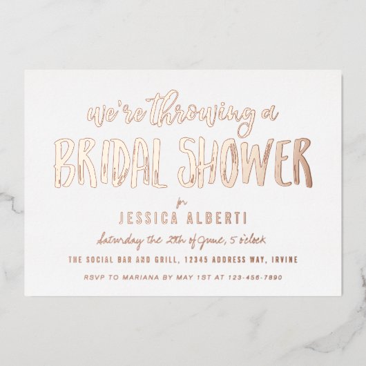 ブラシ付ききらめくブライダルシャワー金ゴールド 箔招待状 (正面)