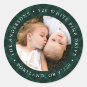 ブラシ付きグリーンプレイドフォト差出人住所ラベル ラウンドシール (正面)