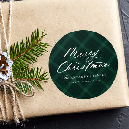 ブラシ付きグリーンプレイドメリークリスマス ラウンドシール